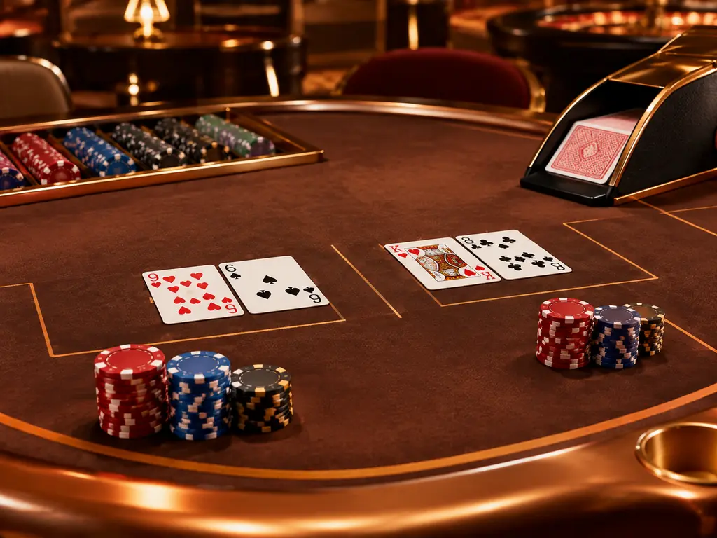 Meja baccarat dengan sepatu kartu dan dua susunan kartu