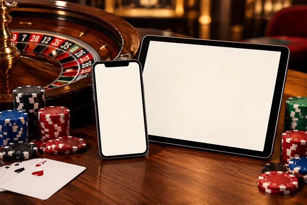 Ponsel dan tablet di dekat roda roulette