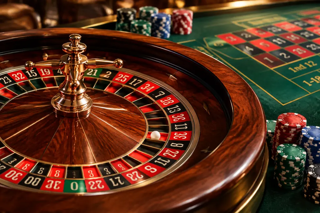 Roda roulette dengan kayu gelap dan tepian tembaga