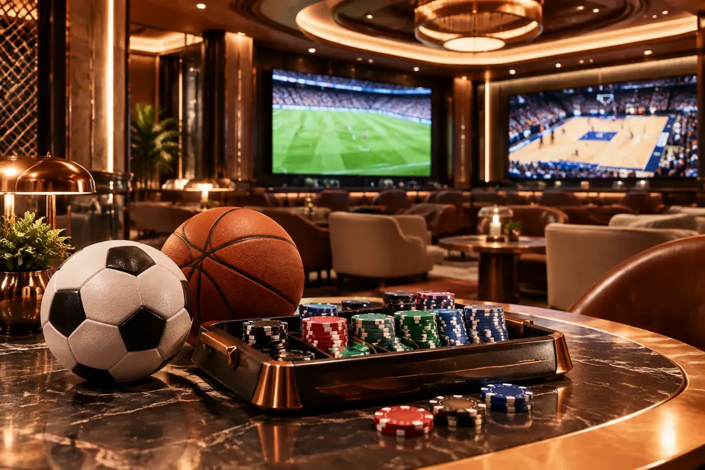Lounge olahraga kasino dengan tema sepak bola dan basket